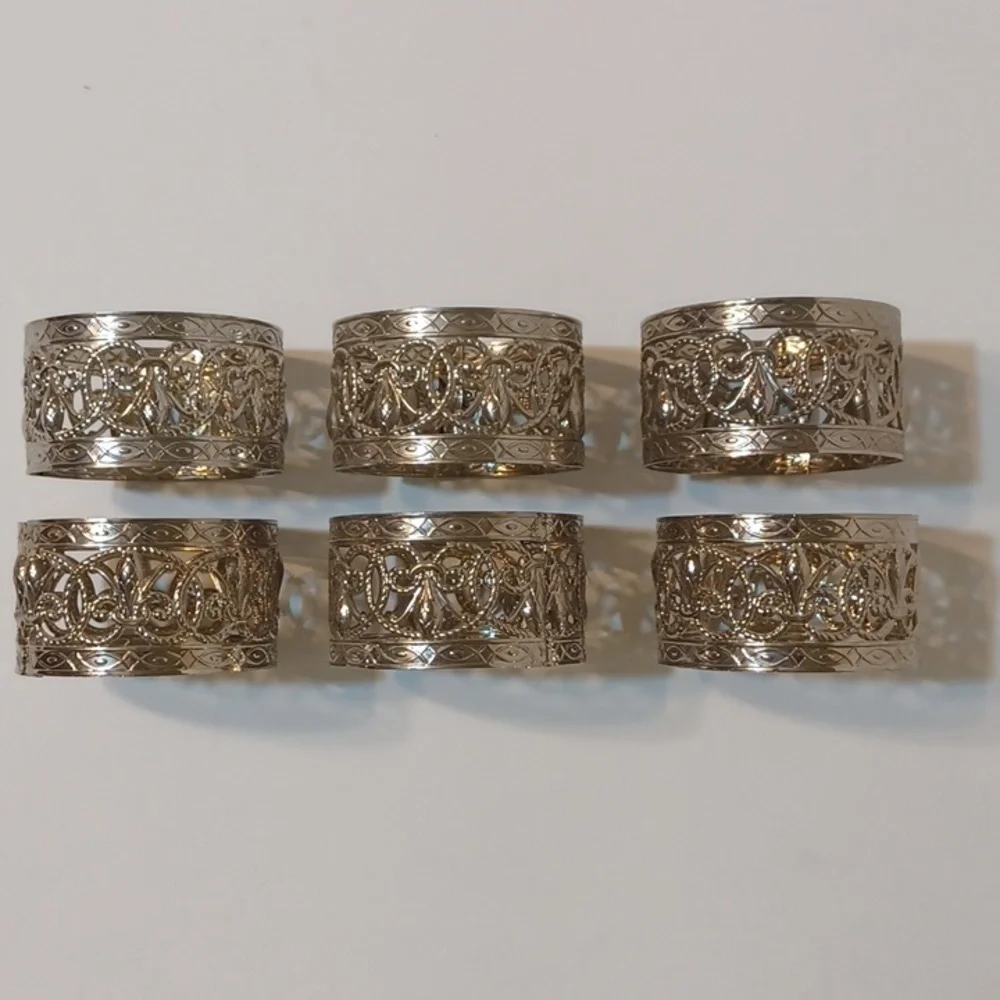 Vintage Kemp and Beatley Fleur Delis Filigree Napkin Ring Set of 6 L@@K!